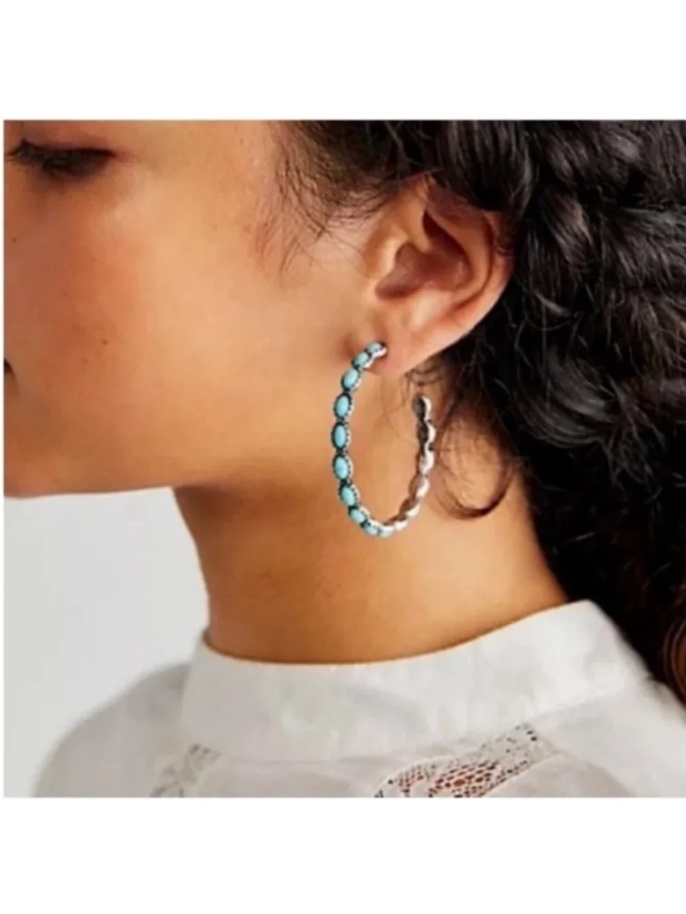 New! Free People Buckaroo Turquoise Hoop Earrings (3018) NWOT
